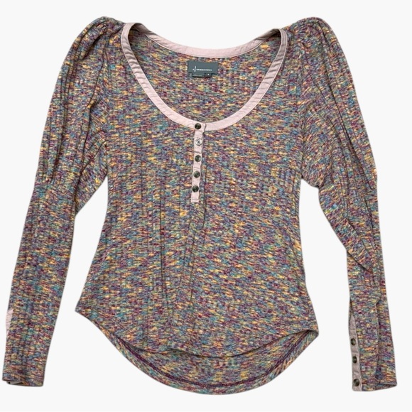 Anthropologie Puff Sleeve Knit Henley Top Multicolor Space Dye Medium EUC - Picture 14 of 15